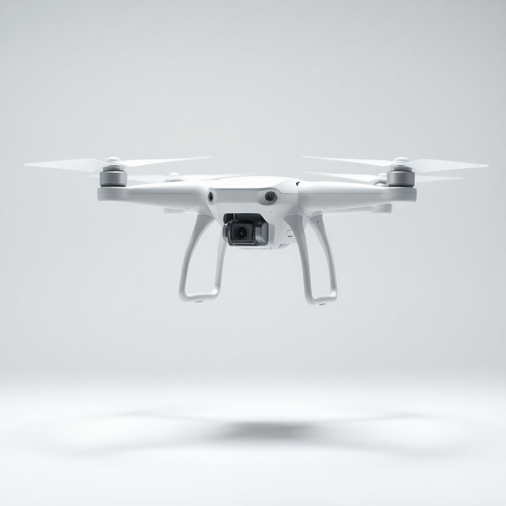 professional white drone SkyPro X1 floating in clean studio lighting