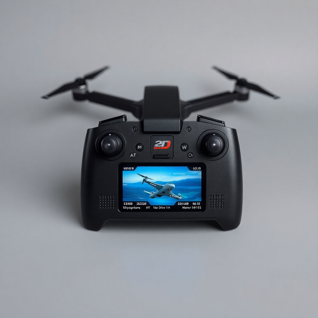 professional drone remote controller with LCD screen, modern black design, studio photography