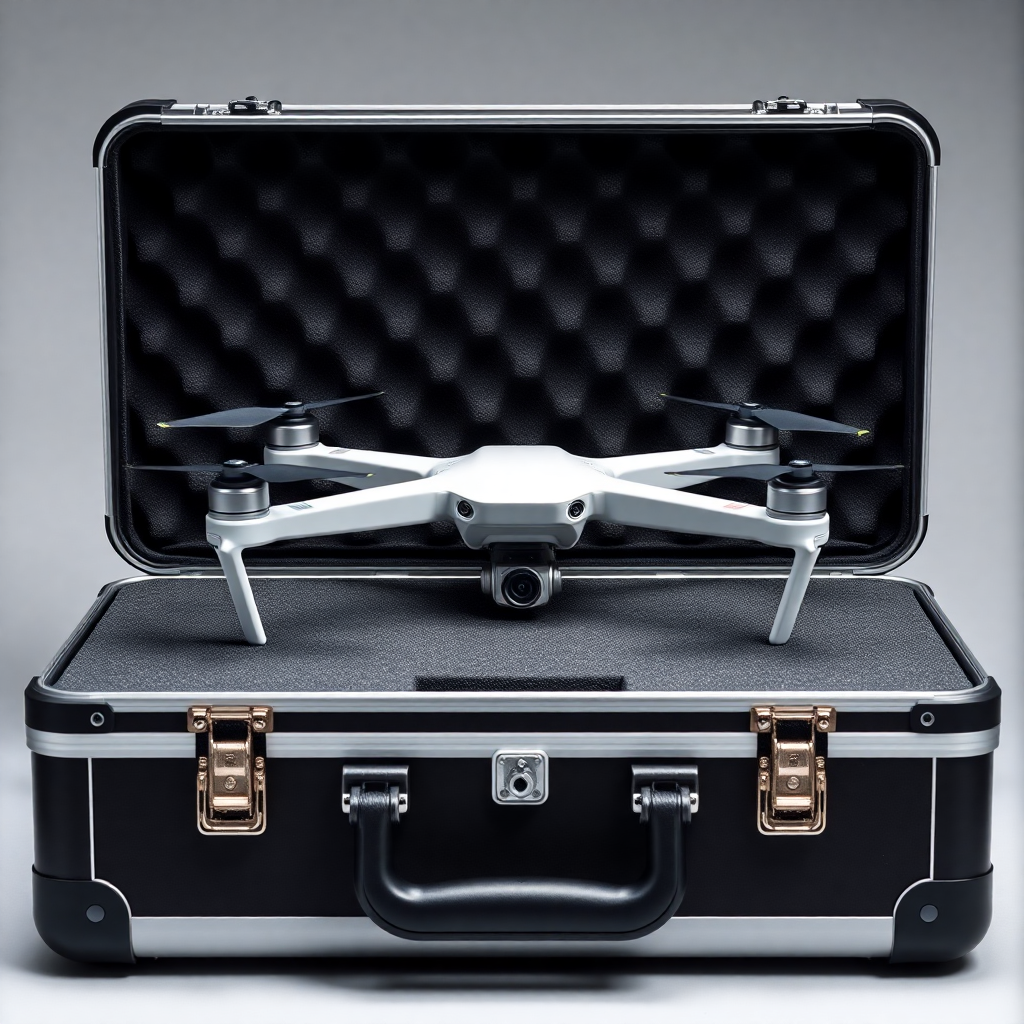 drone carrying case professional black aluminum briefcase with foam padding, studio lighting