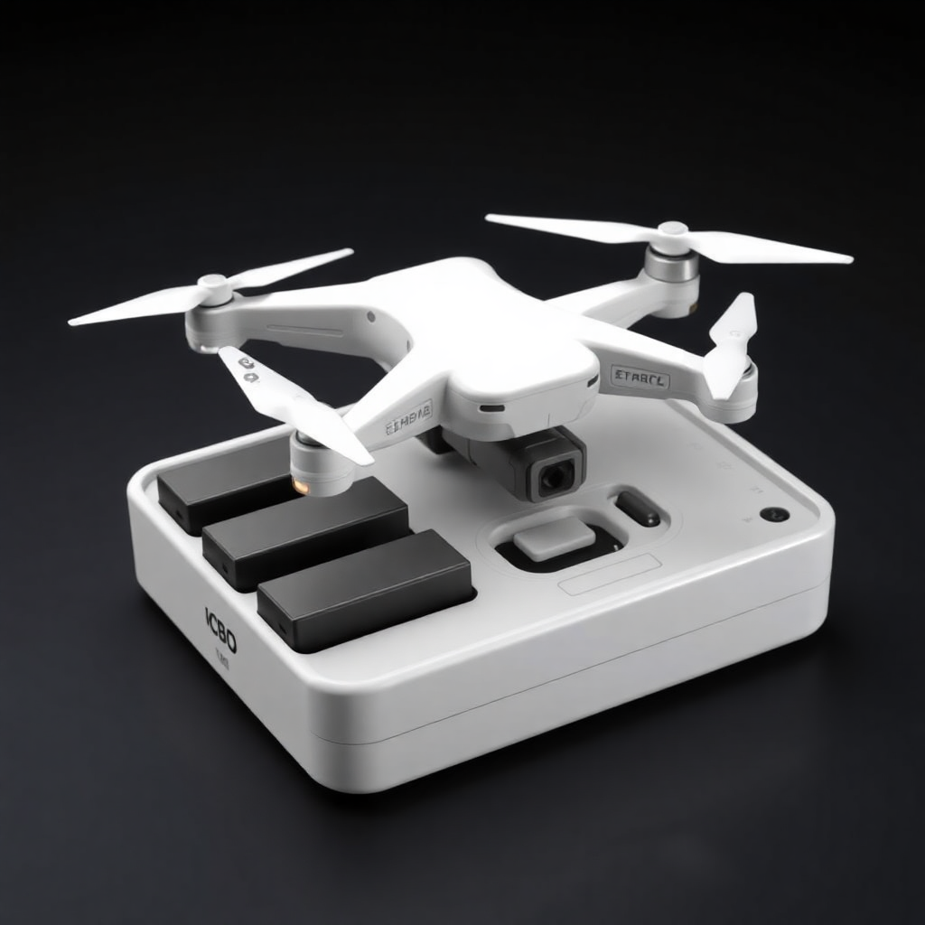 drone battery pack set with charging hub, sleek white design, professional product photography